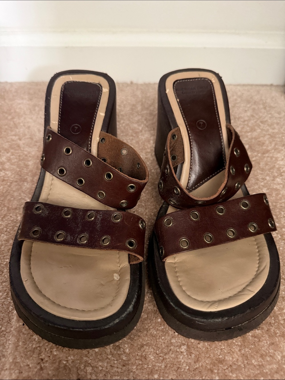 American Eagle Outfitters Brown Leather Eyelet Platform Mules